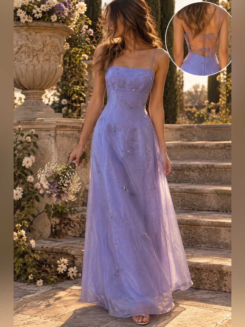 Vintage 90s Y2K Morgan & Co Lilac Periwinkle Beaded Open Back Maxi Dress 3/4